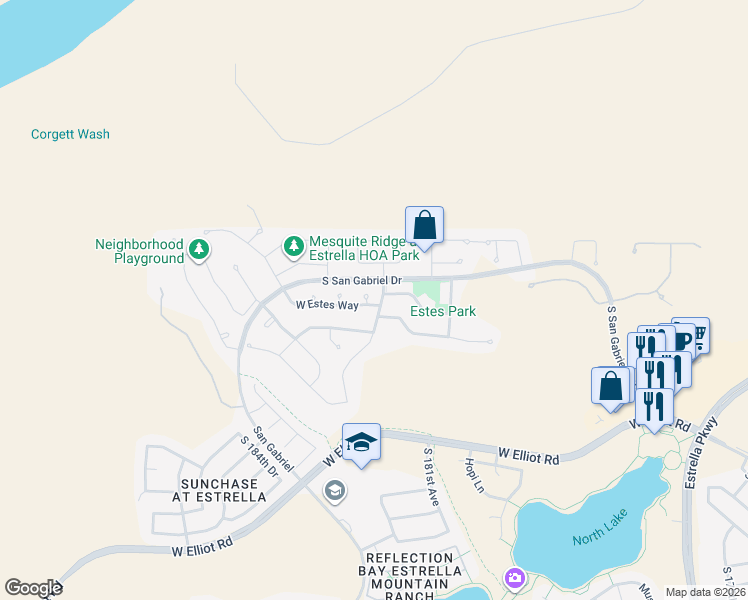 map of restaurants, bars, coffee shops, grocery stores, and more near 18232 West Las Cruces Drive in Goodyear