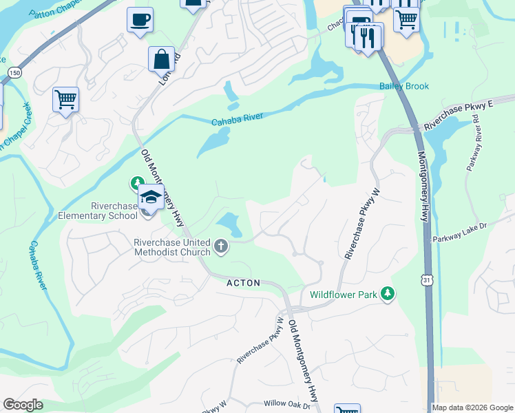 map of restaurants, bars, coffee shops, grocery stores, and more near 1028 Riverchase Cove in Birmingham