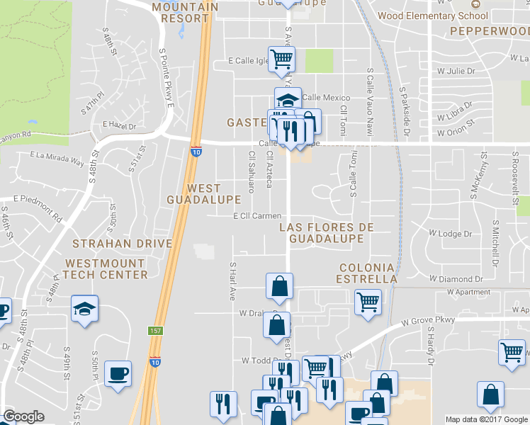 map of restaurants, bars, coffee shops, grocery stores, and more near 9446 Calle Azteca in Guadalupe