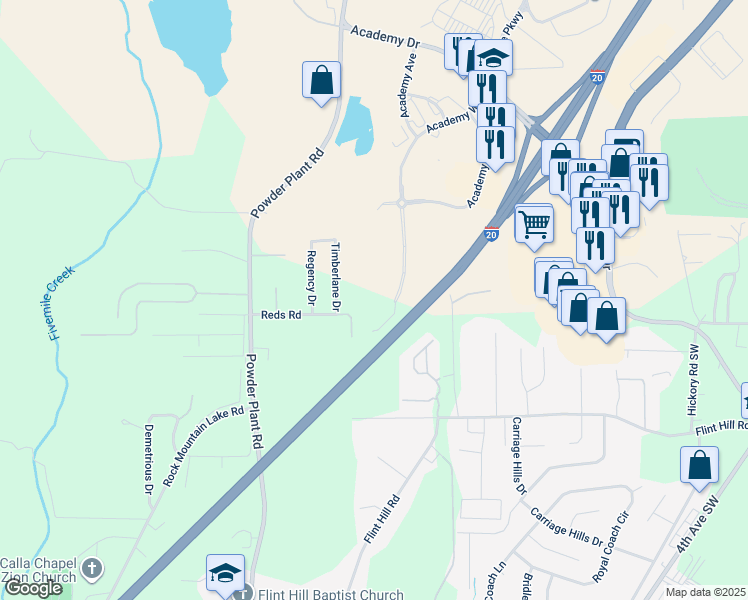 map of restaurants, bars, coffee shops, grocery stores, and more near 5529 Academy Way in Bessemer