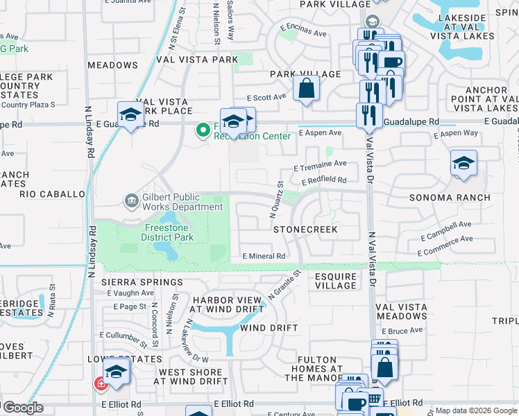 map of restaurants, bars, coffee shops, grocery stores, and more near 1226 East Heather Avenue in Gilbert