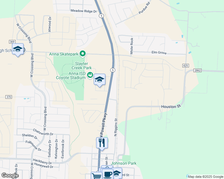 map of restaurants, bars, coffee shops, grocery stores, and more near 1306 North Powell Parkway in Anna
