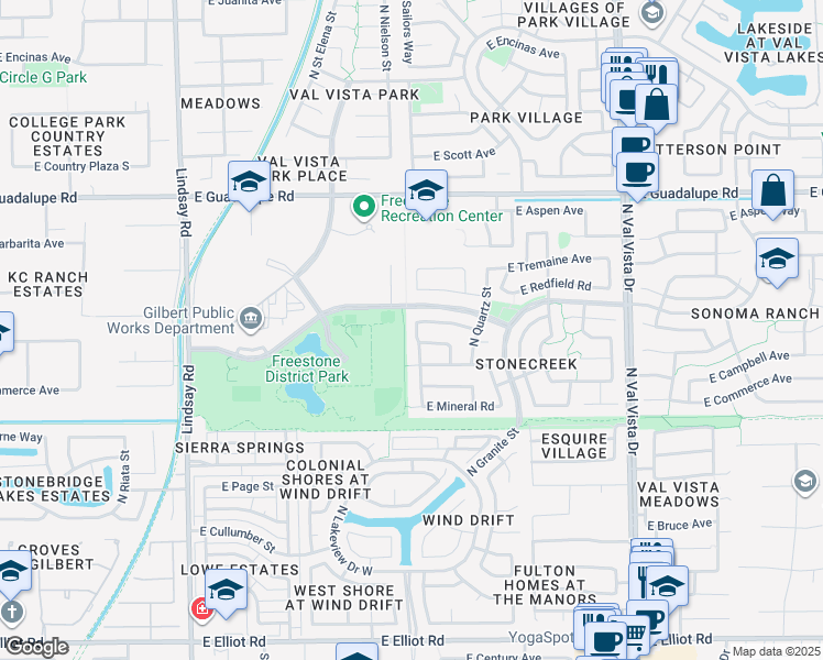map of restaurants, bars, coffee shops, grocery stores, and more near 532 North Sandstone Street in Gilbert