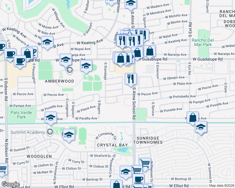 map of restaurants, bars, coffee shops, grocery stores, and more near 1303 West Pecos Avenue in Mesa