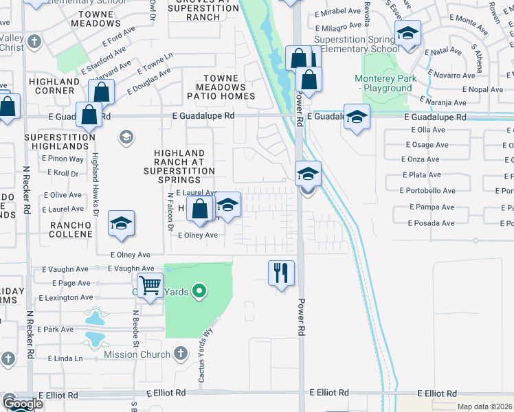 map of restaurants, bars, coffee shops, grocery stores, and more near 4699 East Redfield Road in Gilbert