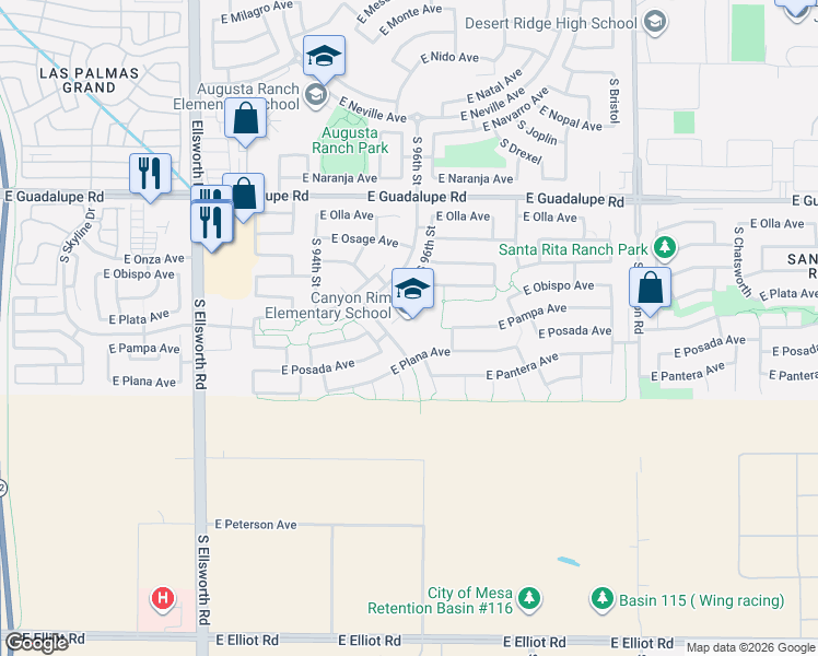 map of restaurants, bars, coffee shops, grocery stores, and more near 9604 East Plana Avenue in Mesa