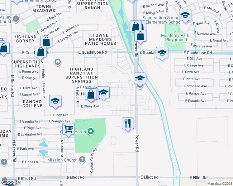 map of restaurants, bars, coffee shops, grocery stores, and more near 4699 East Redfield Road in Gilbert