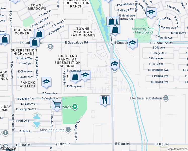 map of restaurants, bars, coffee shops, grocery stores, and more near 4699 East Redfield Road in Gilbert