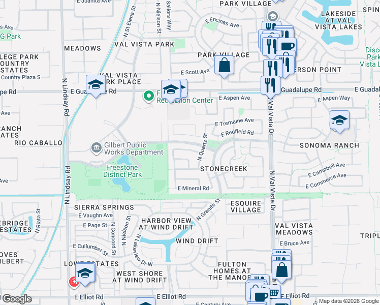 map of restaurants, bars, coffee shops, grocery stores, and more near 1226 East Heather Avenue in Gilbert