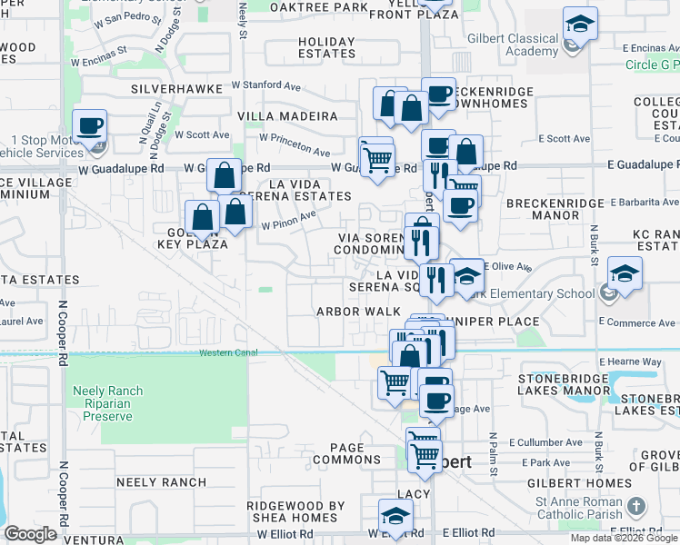 map of restaurants, bars, coffee shops, grocery stores, and more near 162 West Tremaine Court in Gilbert