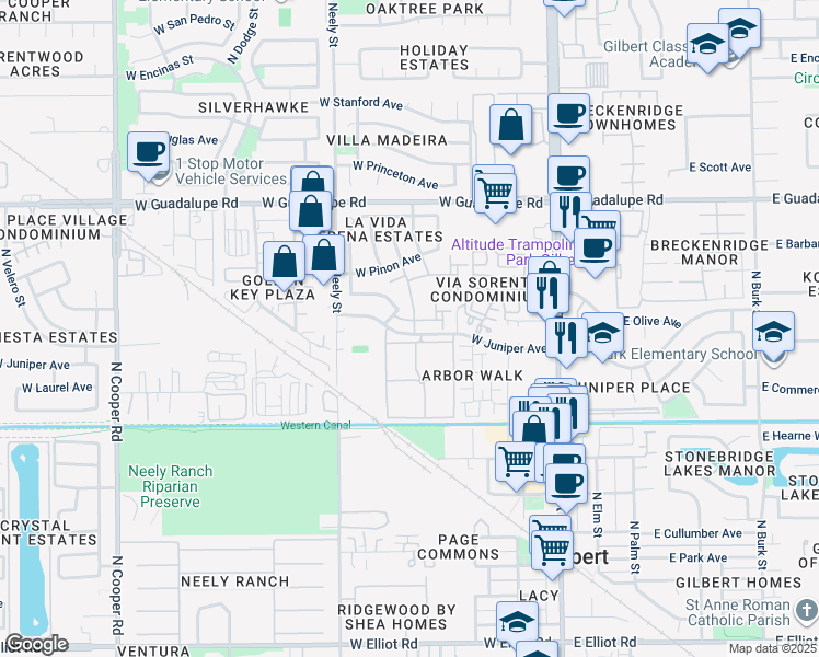 map of restaurants, bars, coffee shops, grocery stores, and more near 275 West Apartment in Gilbert