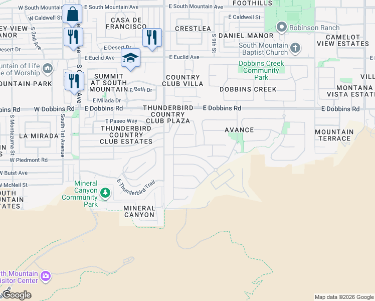 map of restaurants, bars, coffee shops, grocery stores, and more near 701 East Thunderbird Trail in Phoenix