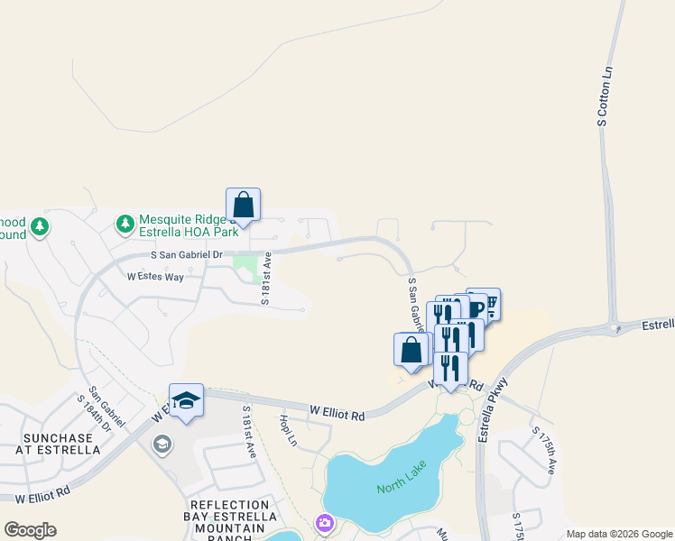 map of restaurants, bars, coffee shops, grocery stores, and more near 17929 West Estes Way in Goodyear