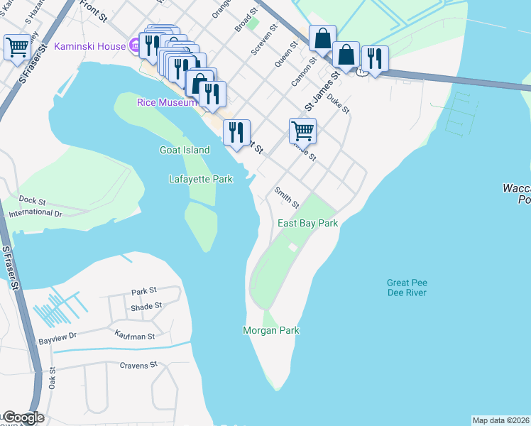 map of restaurants, bars, coffee shops, grocery stores, and more near 205 River Road in Georgetown