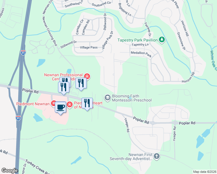 map of restaurants, bars, coffee shops, grocery stores, and more near 24 Sunnyland Drive in Newnan