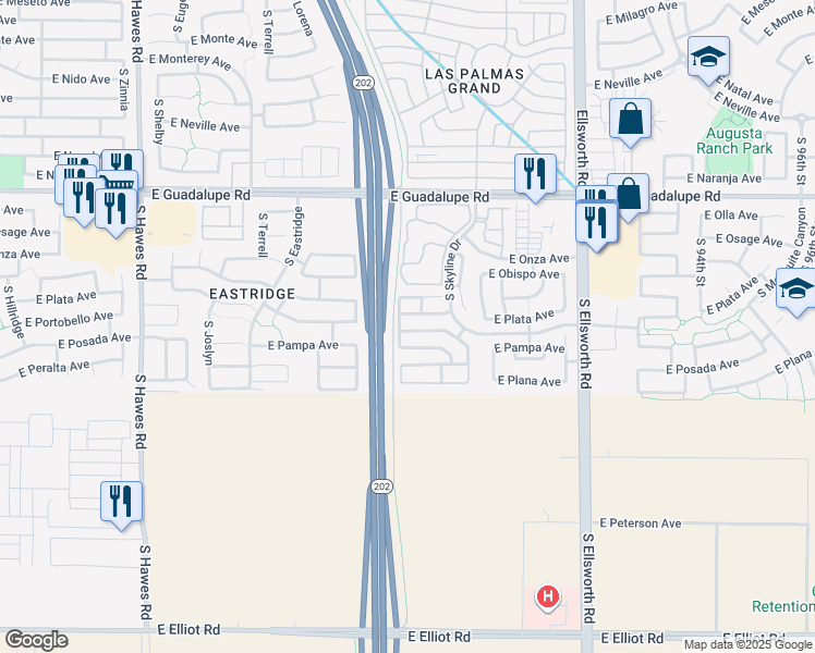 map of restaurants, bars, coffee shops, grocery stores, and more near 8841 East Portobello Avenue in Mesa