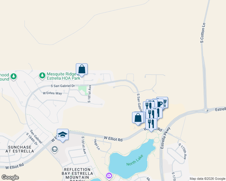 map of restaurants, bars, coffee shops, grocery stores, and more near 17929 West Estes Way in Goodyear
