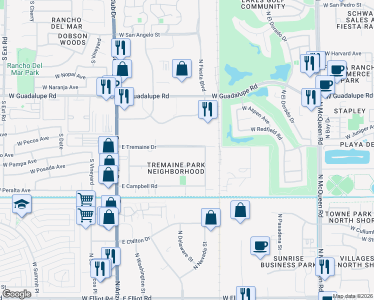 map of restaurants, bars, coffee shops, grocery stores, and more near 325 East Tremaine Drive in Chandler