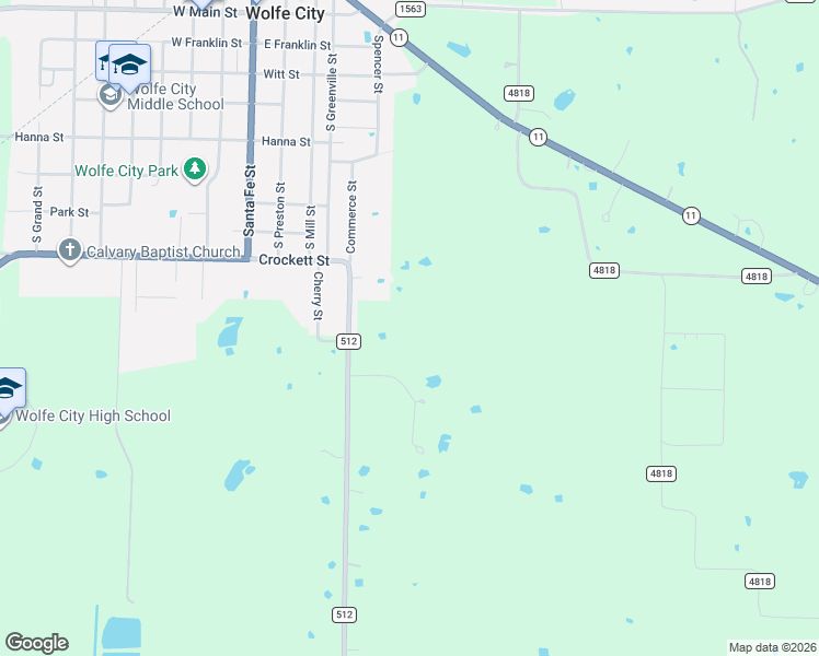 map of restaurants, bars, coffee shops, grocery stores, and more near 10719 Farm to Market Road 512 in Wolfe City