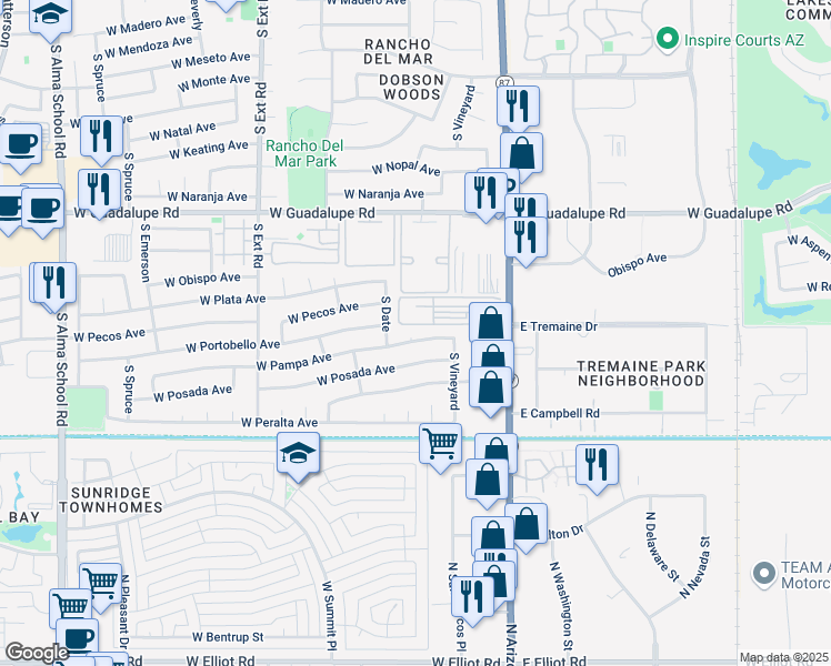 map of restaurants, bars, coffee shops, grocery stores, and more near 554 West Pampa Avenue in Mesa
