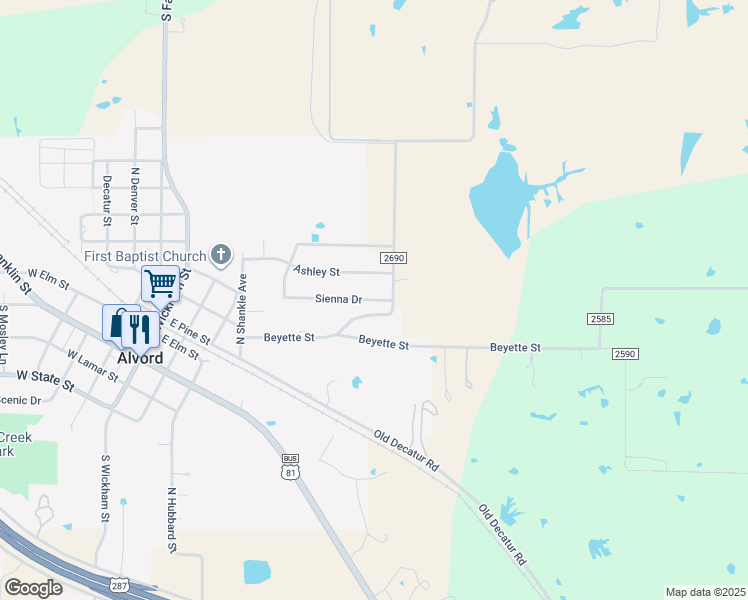 map of restaurants, bars, coffee shops, grocery stores, and more near 224 Ashley Street in Alvord