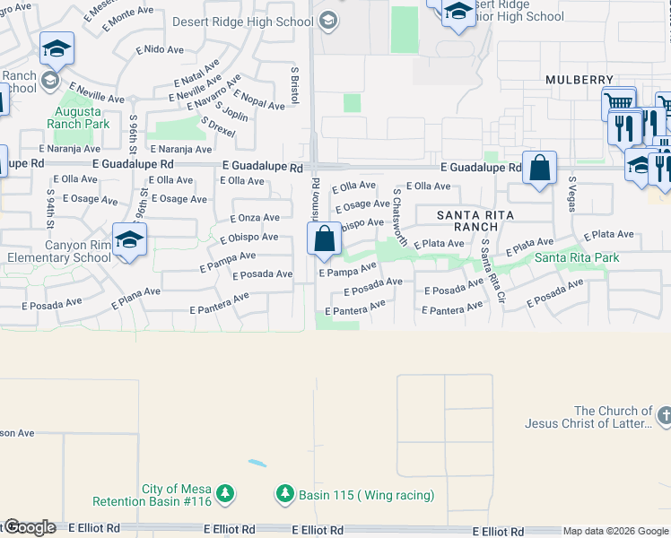 map of restaurants, bars, coffee shops, grocery stores, and more near 10017 East Pampa Avenue in Mesa