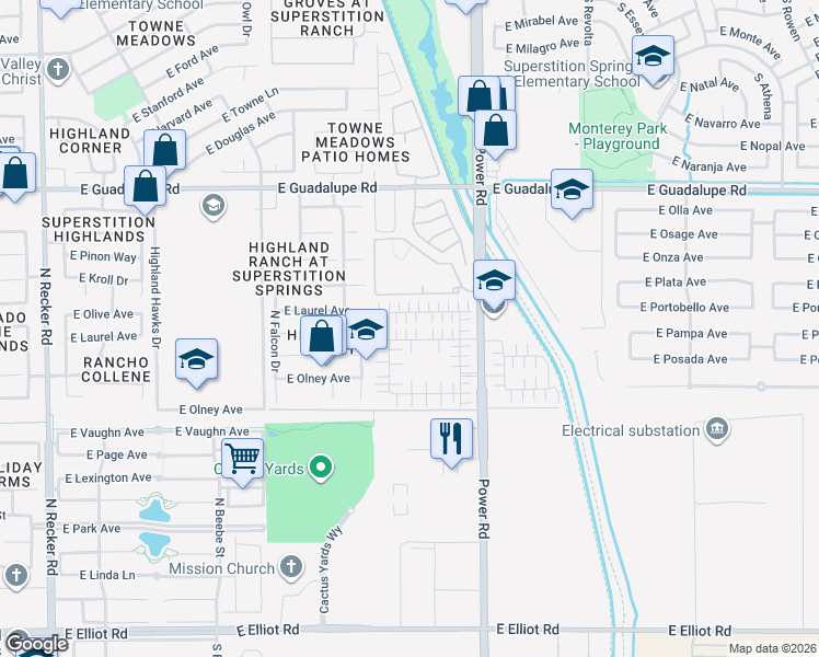 map of restaurants, bars, coffee shops, grocery stores, and more near 4699 East Redfield Road in Gilbert