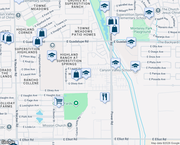 map of restaurants, bars, coffee shops, grocery stores, and more near 530 North Citrus Lane in Gilbert