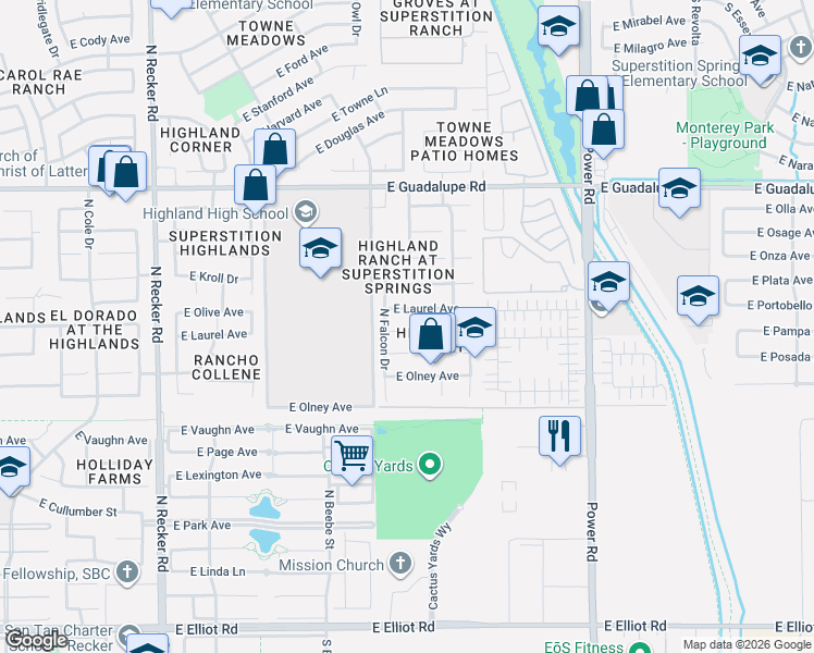 map of restaurants, bars, coffee shops, grocery stores, and more near 4475 East Redfield Court in Gilbert
