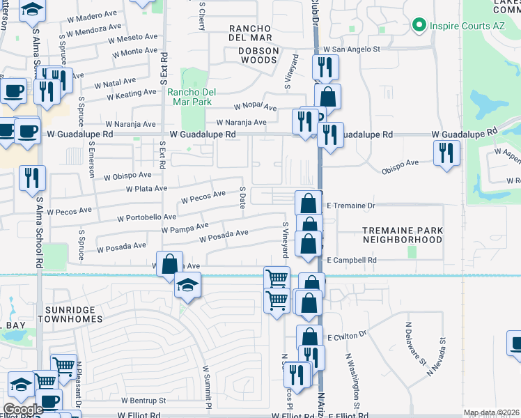 map of restaurants, bars, coffee shops, grocery stores, and more near 554 West Pampa Avenue in Mesa