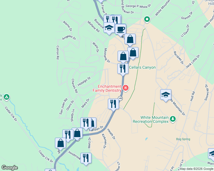 map of restaurants, bars, coffee shops, grocery stores, and more near 505 Mary Drive in Ruidoso