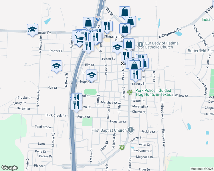 map of restaurants, bars, coffee shops, grocery stores, and more near 101 North 9th Street in Sanger