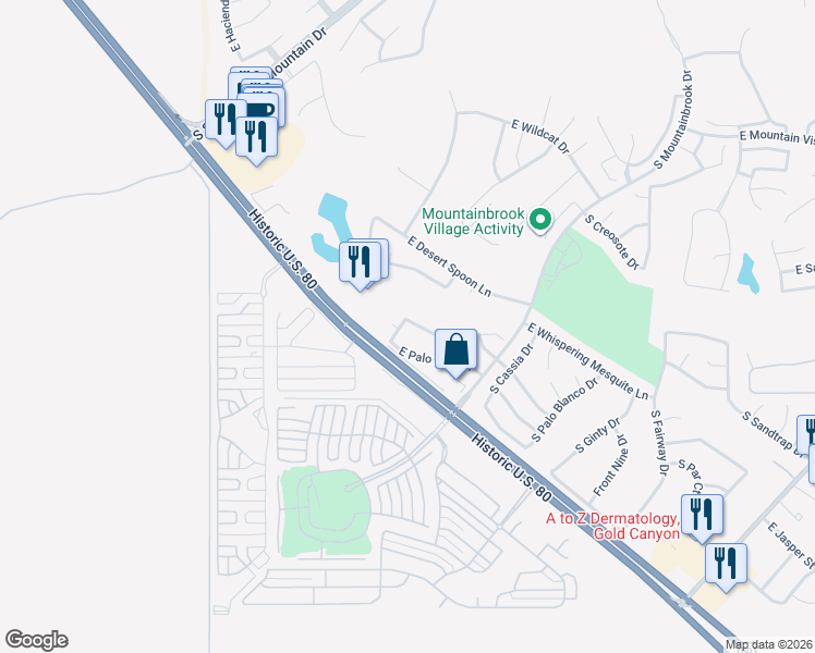 map of restaurants, bars, coffee shops, grocery stores, and more near 7089 East Canyon Wren Drive in Gold Canyon