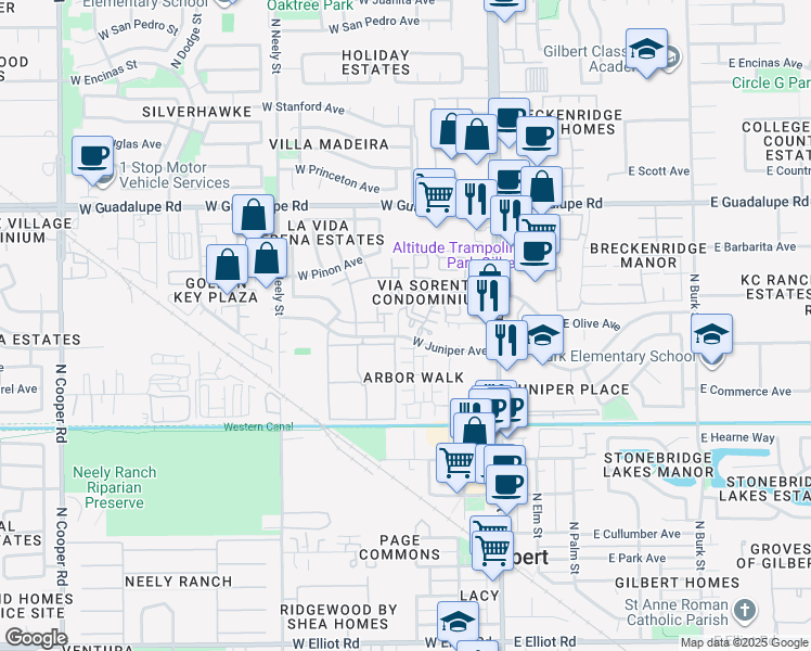 map of restaurants, bars, coffee shops, grocery stores, and more near 162 West Tremaine Court in Gilbert