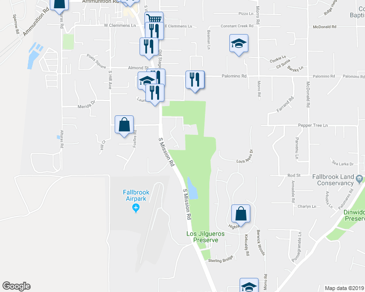 map of restaurants, bars, coffee shops, grocery stores, and more near 1811 Woodbrook Lane in Fallbrook