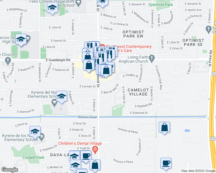 map of restaurants, bars, coffee shops, grocery stores, and more near 1820 East Bell De Mar Drive in Tempe