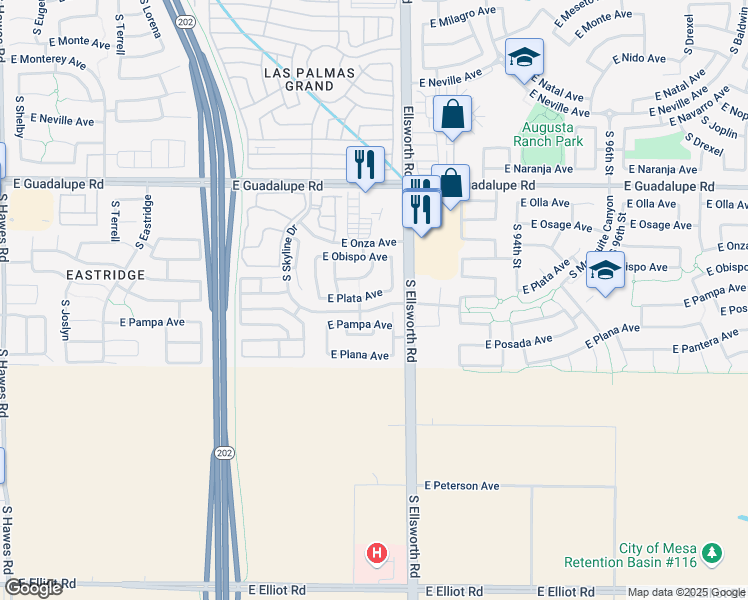map of restaurants, bars, coffee shops, grocery stores, and more near 9116 East Pampa Avenue in Mesa