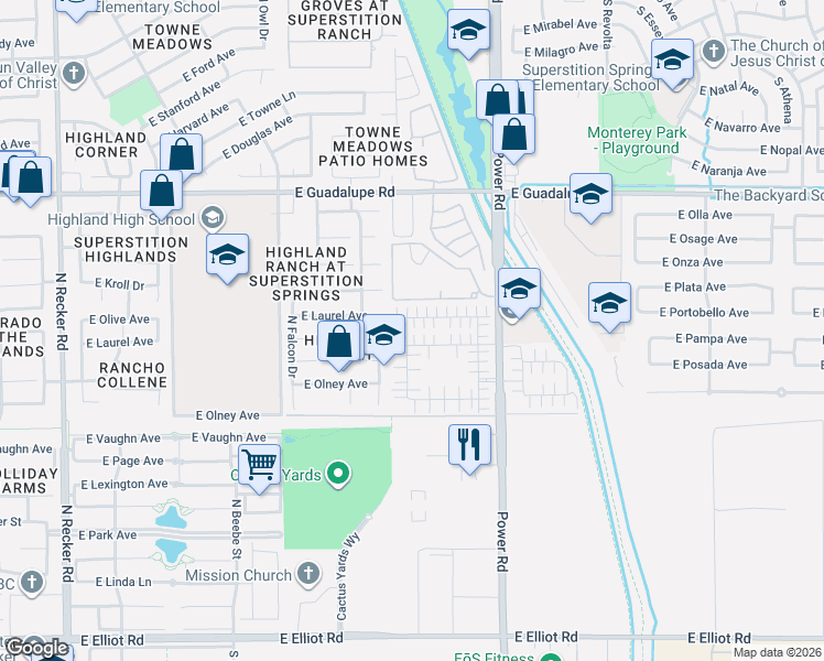 map of restaurants, bars, coffee shops, grocery stores, and more near 530 North Citrus Lane in Gilbert