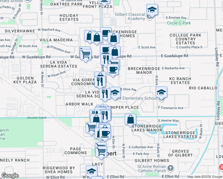 map of restaurants, bars, coffee shops, grocery stores, and more near 503 North Gilbert Road in Gilbert