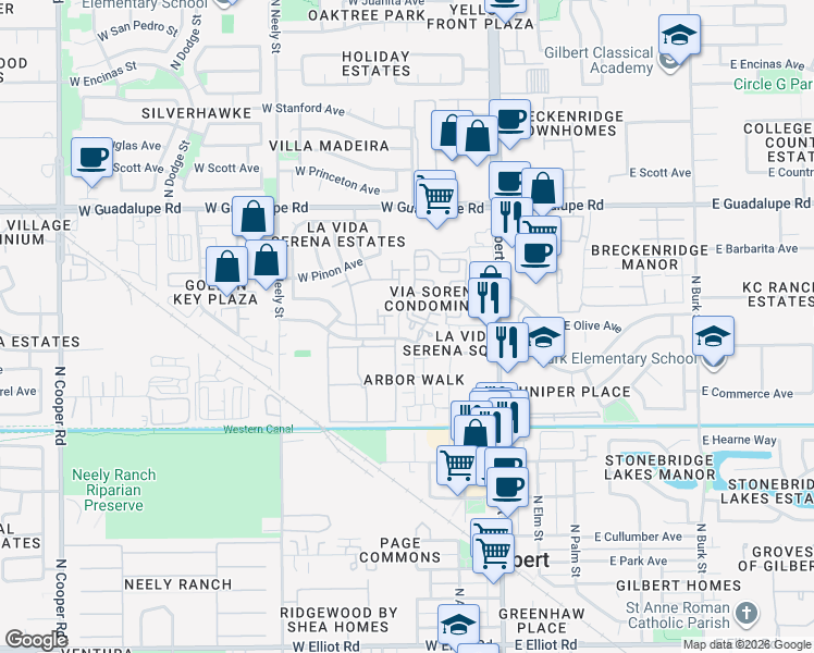 map of restaurants, bars, coffee shops, grocery stores, and more near 162 West Tremaine Court in Gilbert