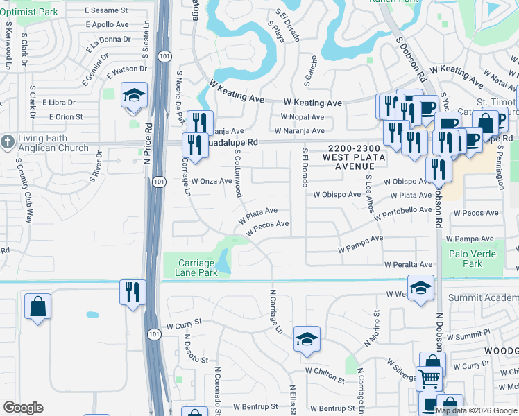 map of restaurants, bars, coffee shops, grocery stores, and more near 2513 West Plata Avenue in Mesa