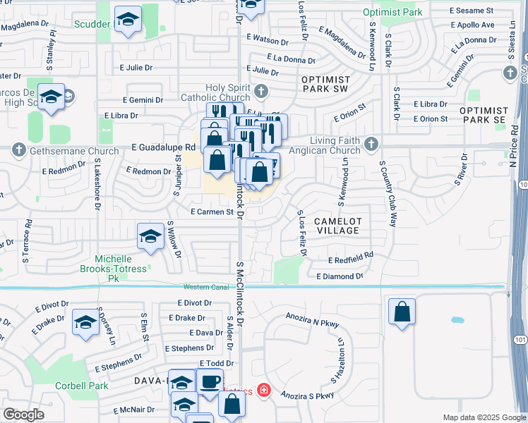 map of restaurants, bars, coffee shops, grocery stores, and more near 1820 East Bell De Mar Drive in Tempe