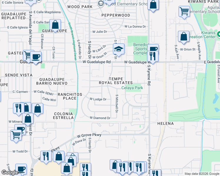 map of restaurants, bars, coffee shops, grocery stores, and more near 6602 South Mitchell Drive in Tempe