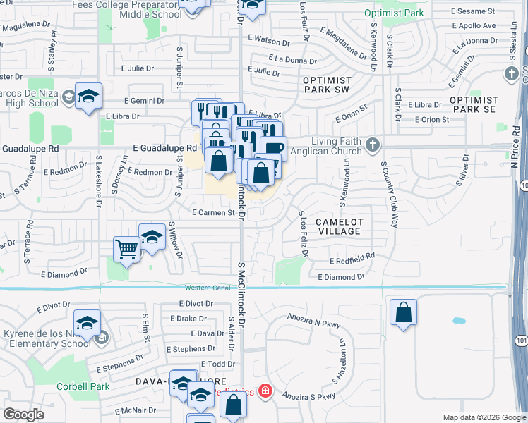 map of restaurants, bars, coffee shops, grocery stores, and more near 1820 East Bell De Mar Drive in Tempe
