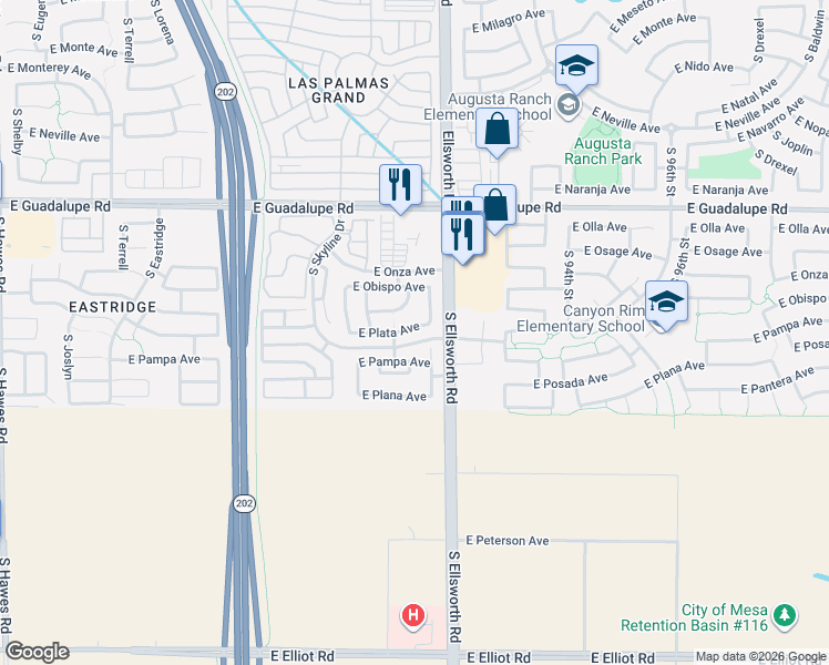 map of restaurants, bars, coffee shops, grocery stores, and more near 9116 East Pampa Avenue in Mesa