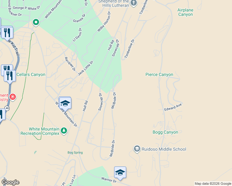 map of restaurants, bars, coffee shops, grocery stores, and more near 406 McBride Drive in Ruidoso