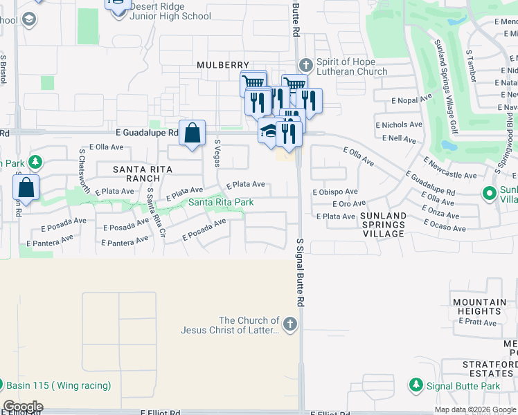 map of restaurants, bars, coffee shops, grocery stores, and more near 10660 East Pampa Avenue in Mesa