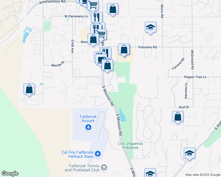 map of restaurants, bars, coffee shops, grocery stores, and more near 131 Woodstork Lane in Fallbrook