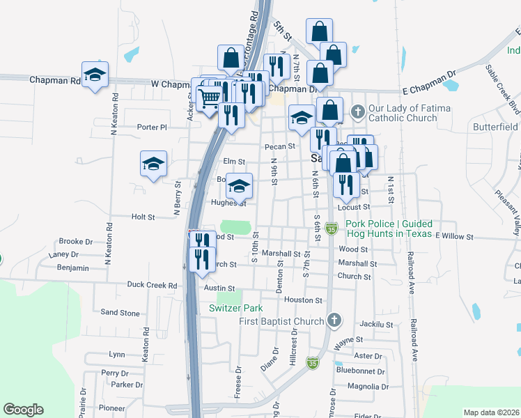 map of restaurants, bars, coffee shops, grocery stores, and more near 101 North 9th Street in Sanger