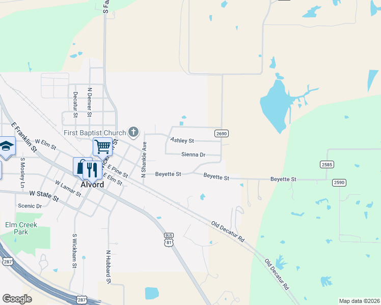 map of restaurants, bars, coffee shops, grocery stores, and more near 216 Ashley Street in Alvord
